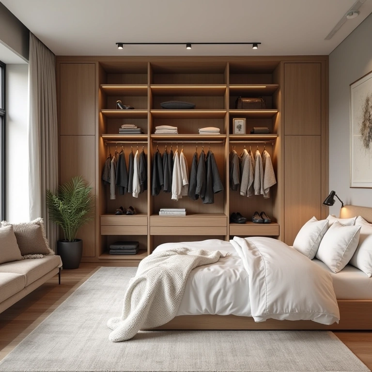 Spacious bedroom with MDF walk-in closet, organized storage, elegant design, lifestyle photography, Quarto com closet de MDF montável.