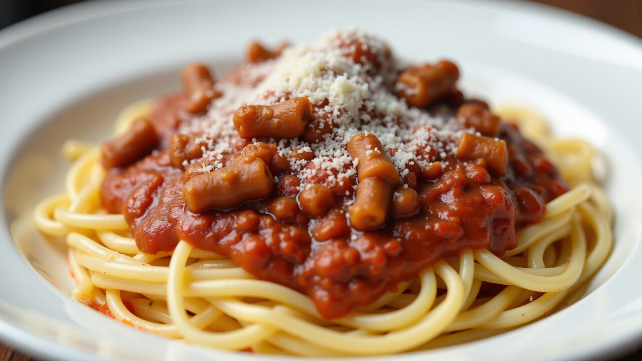 Spaghetti with hamburger meat in bolognese sauce, grated cheese, served on a plate, Italian Macarrão com carne de hambúrguer ao molho bolonhesa.