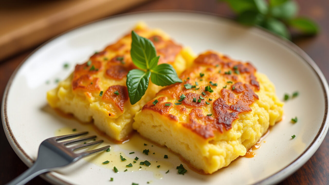 Spanish potato omelet (tortilla de patata), served on a plate, professional photography, 8K Tortilla de batata espanhola, um clássico da culinária.