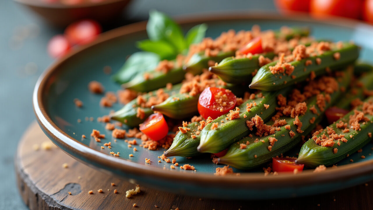 Spicy baked okra with chili flakes, vibrant colors, rustic plate, natural light, professional Quiabo apimentado assado.