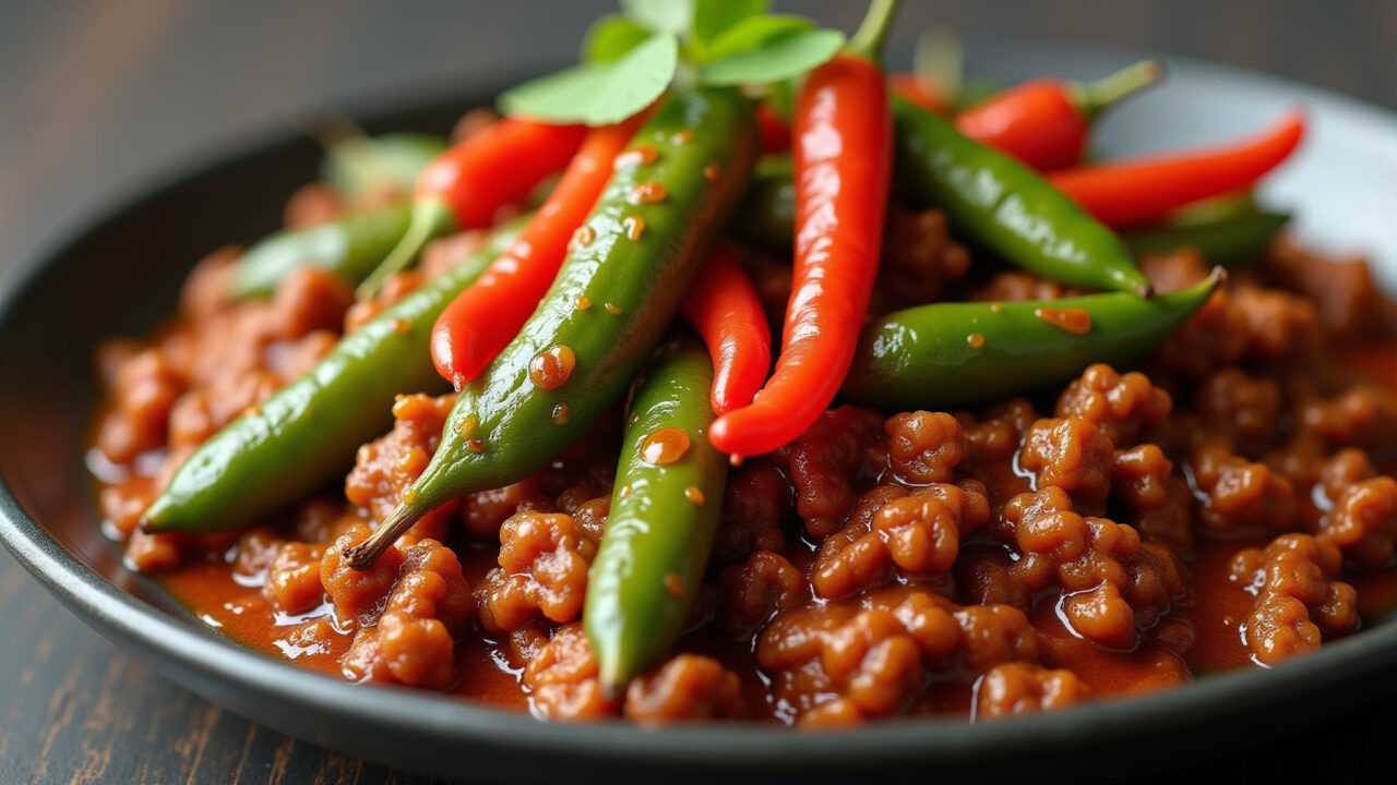 Spicy okra and ground beef with chili peppers, vibrant colors, professional photography, 8K Quiabo com carne moída apimentado.