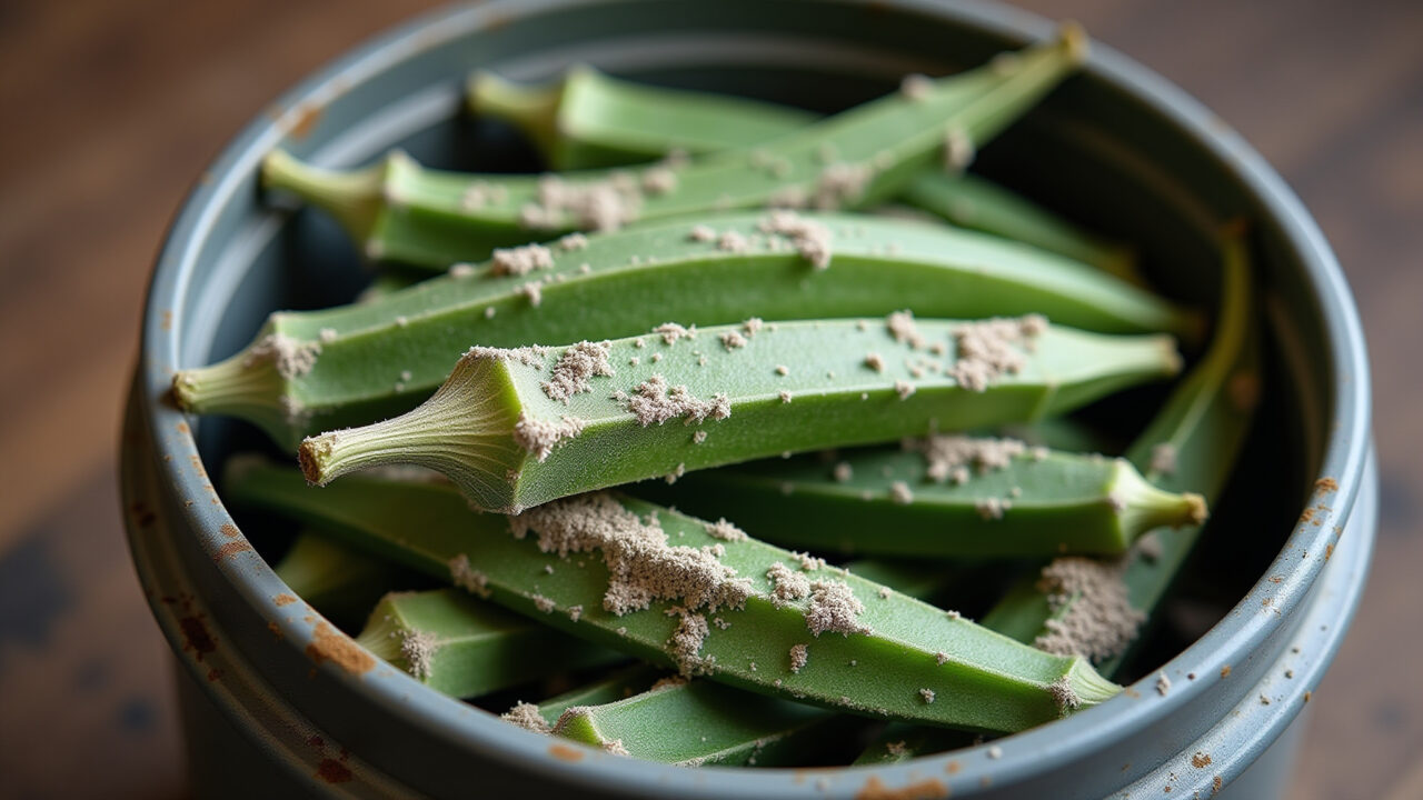 Spoiled okra with mold, trash can. 8K quality, sharp focus, natural lighting, illustrative. Food Descarte de quiabo estragado para evitar riscos à saúde
