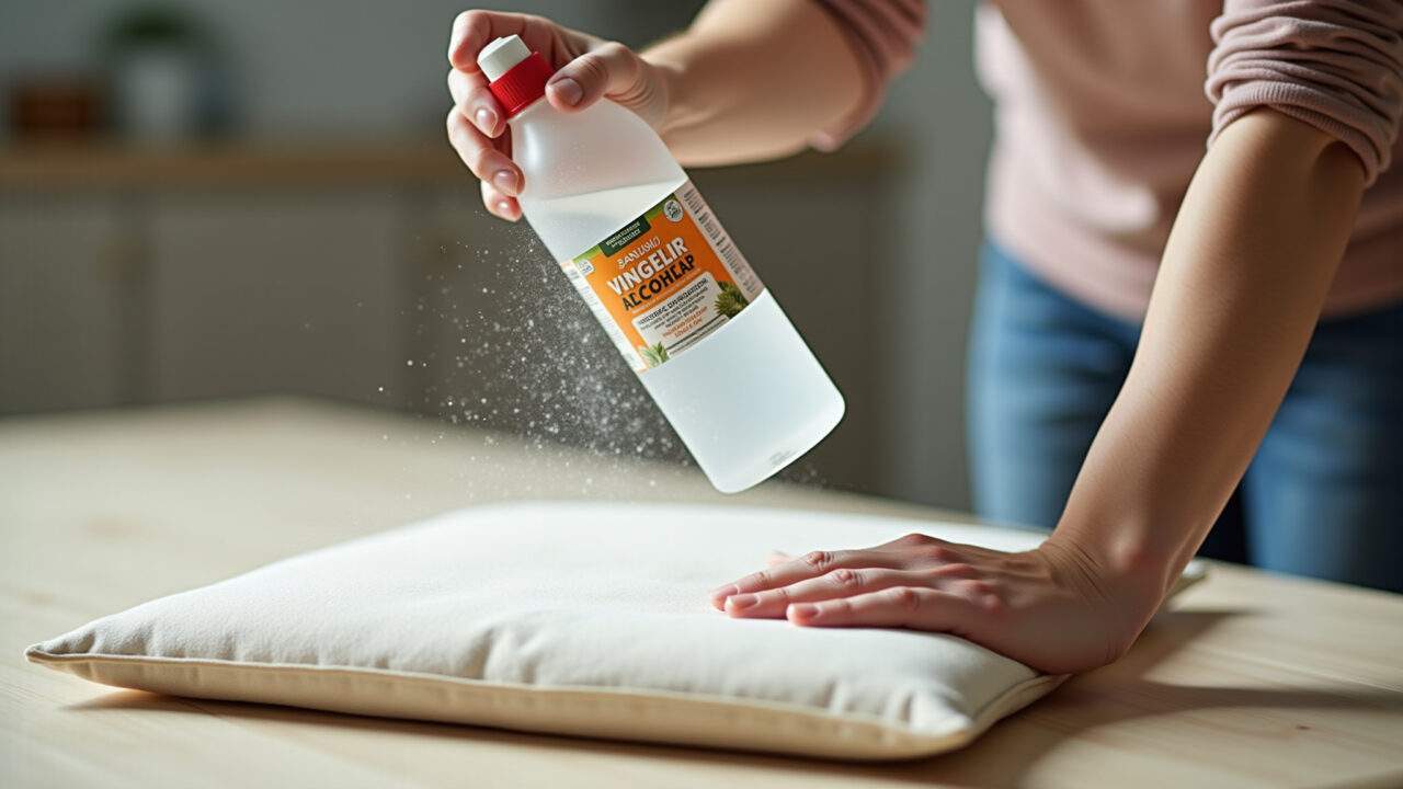 Spraying a mix of vinegar and alcohol on a light fabric cushion, homemade waterproofing, bright Almofada sendo impermeabilizada com solução de vinagre e álcool.