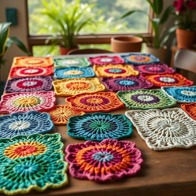 Squares de crochê coloridos em mesa.