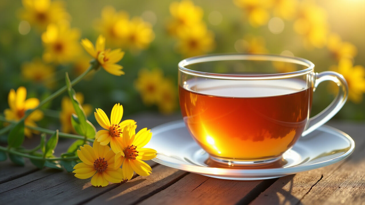 St. John's Wort tea with yellow flowers, sunny day, focus on the flowers, 8k, professional Chá de erva de São João, um antidepressivo natural para melhorar o humor.