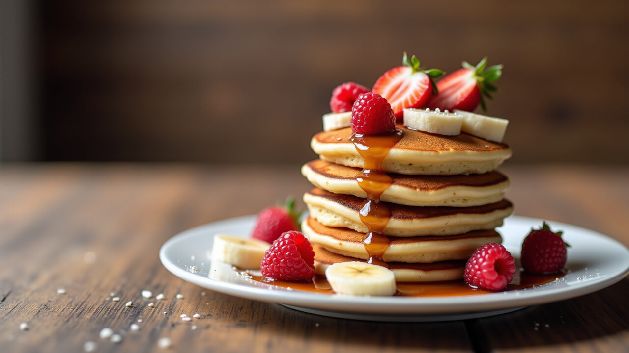 Stack of American pancakes with Nutella and fresh strawberries, bananas, and raspberries. Panquecas americanas com Nutella e frutas frescas.