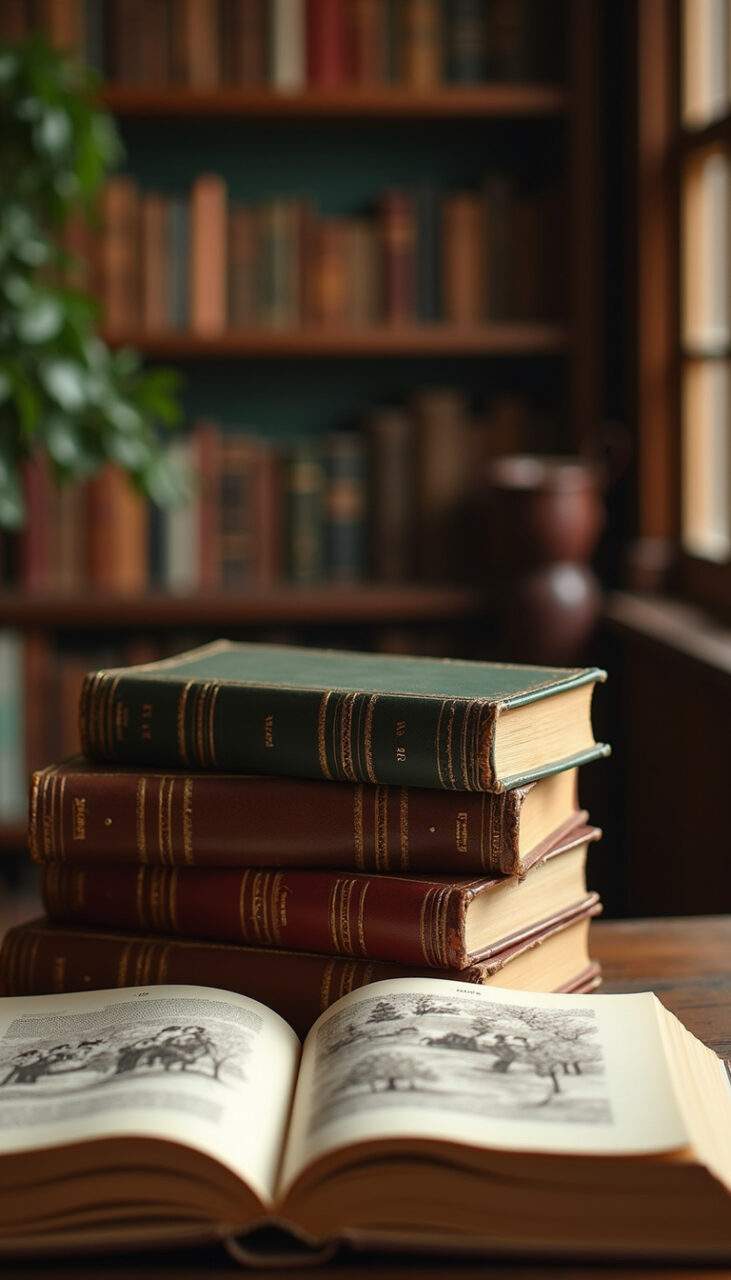 Stack of antique books, party decoration, library atmosphere, open book with illustrations, 8K Livros antigos empilhados na decoração da festa A Bela e a Fera.