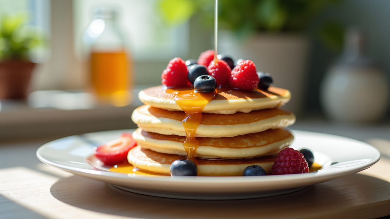Stack of fluffy American pancakes on a plate, syrup dripping, fruit toppings, bright morning light, Panquecas americanas fofinhas com farinha de trigo.