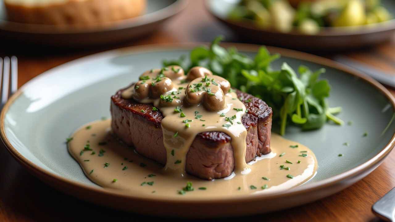Steak with creamy mushroom sauce on a plate, restaurant setting, professional photography, 8K, Molho branco com champignon para carnes.