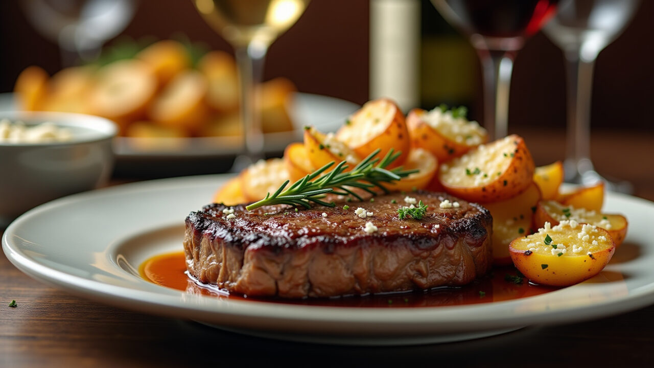 Steak with rustic potatoes, rosemary, parmesan cheese, professional photography, 8k quality, sharp Bife com batata rústica, combinação perfeita.