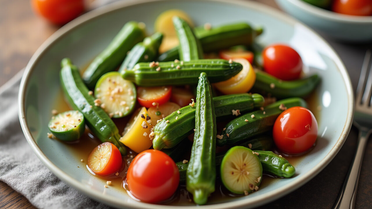 Steamed okra with zucchini and bell peppers, low carb meal, natural light, 8k, professional Quiabo cozido com abobrinha e pimentão.