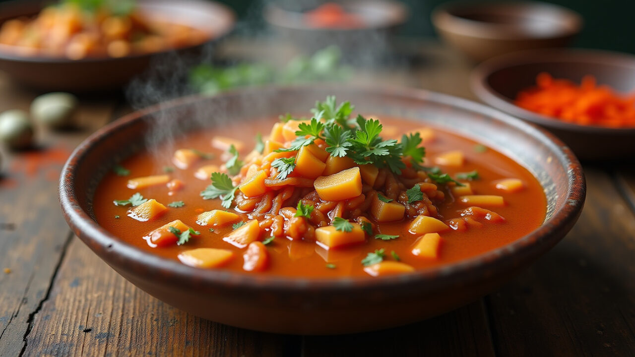 Steaming bowl of 'quiabo refogado', vibrant colors, Brazilian spices, rustic wooden table, natural Quiabo refogado fumegante com temperos brasileiros.