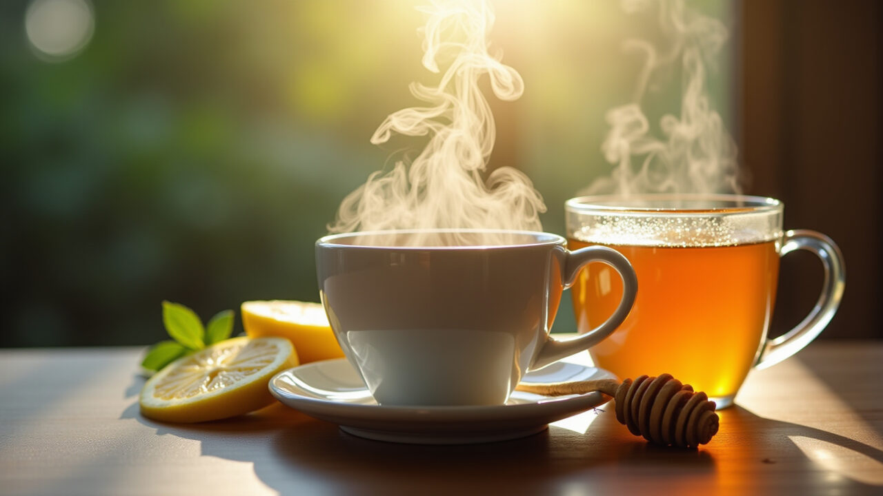 Steaming cup of fennel tea with lemon and honey, natural lighting, cozy setting. Remedy for cough. Chá de erva-doce para tosse.