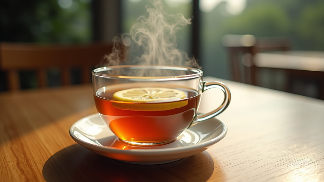 Steaming cup of papaya leaf tea, lemon slice, natural light, wooden table, 8K, sharp focus, Chá de folha de mamão verde com limão.