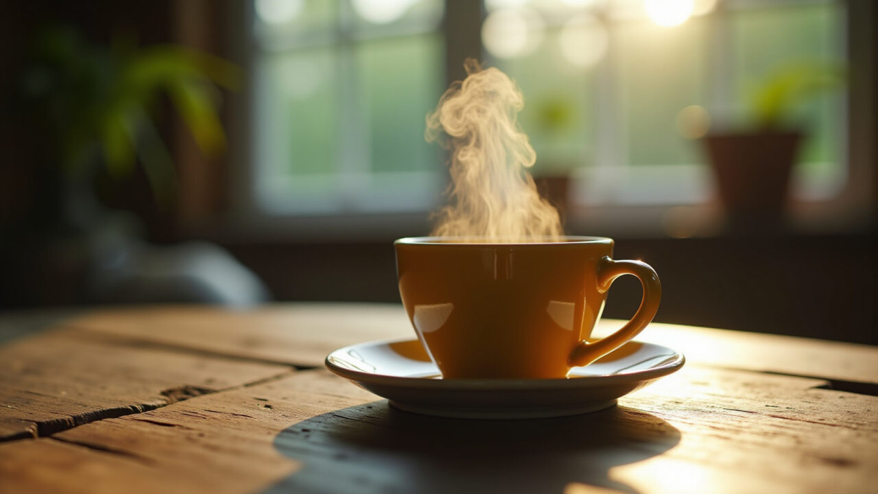 Steaming cup of siriguela leaf tea, natural lighting, rustic wooden table, Brazilian countryside, Xícara fumegante de chá de folha de siriguela.