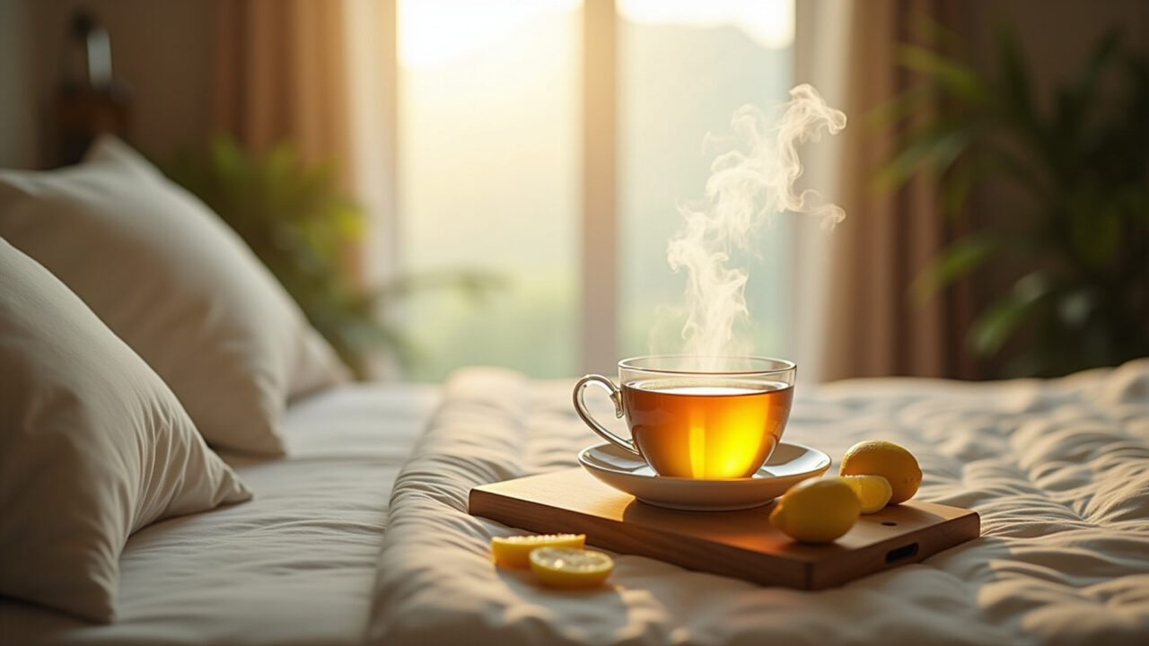 Steaming lemon leaf tea, calming Brazilian bedroom, soft light, headache relief, peaceful, 8K, Chá de folha de limão para dor de cabeça