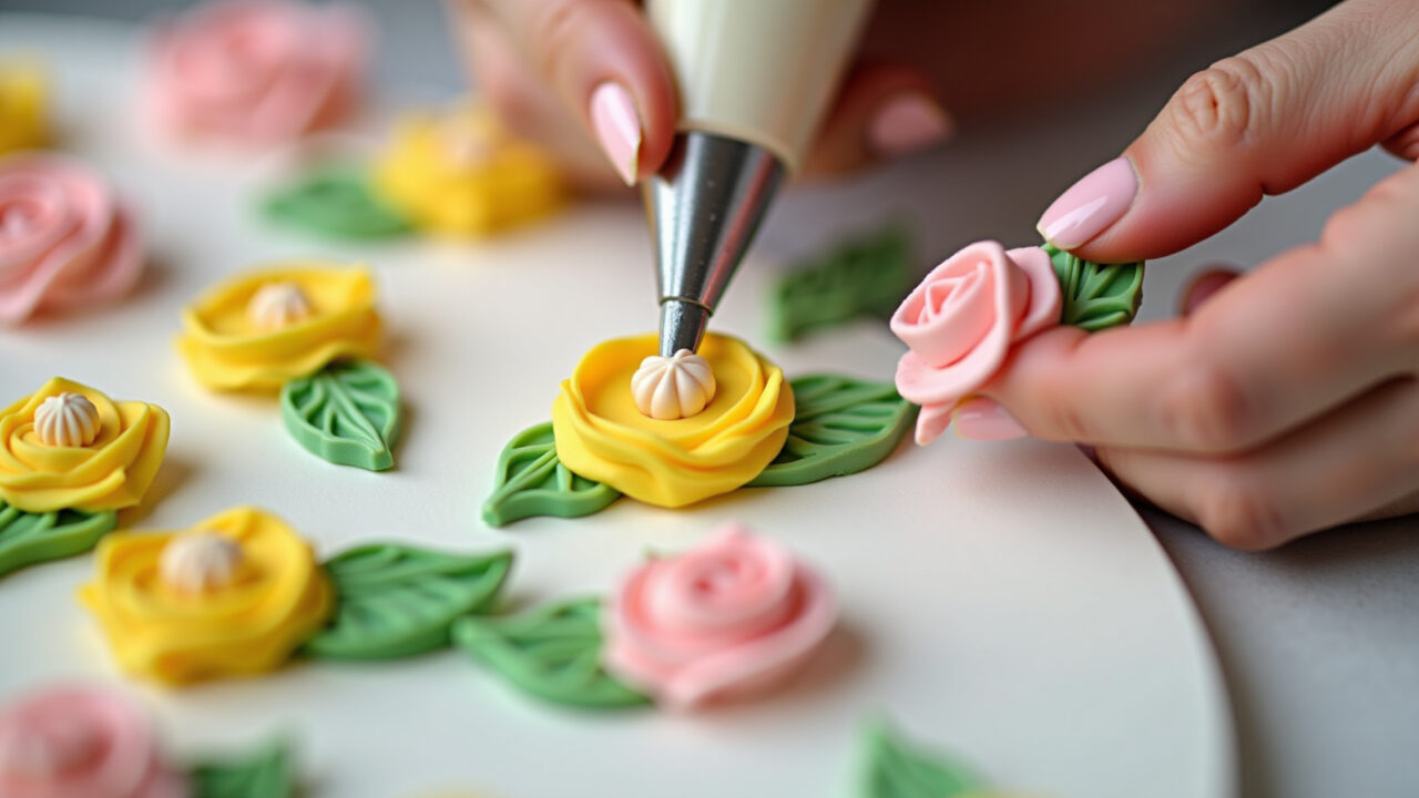 Step-by-step buttercream flower creation, piping bag, flower nail, sharp focus, 8K quality, natural Passo a passo de flor de glacê real com bico de confeitar.