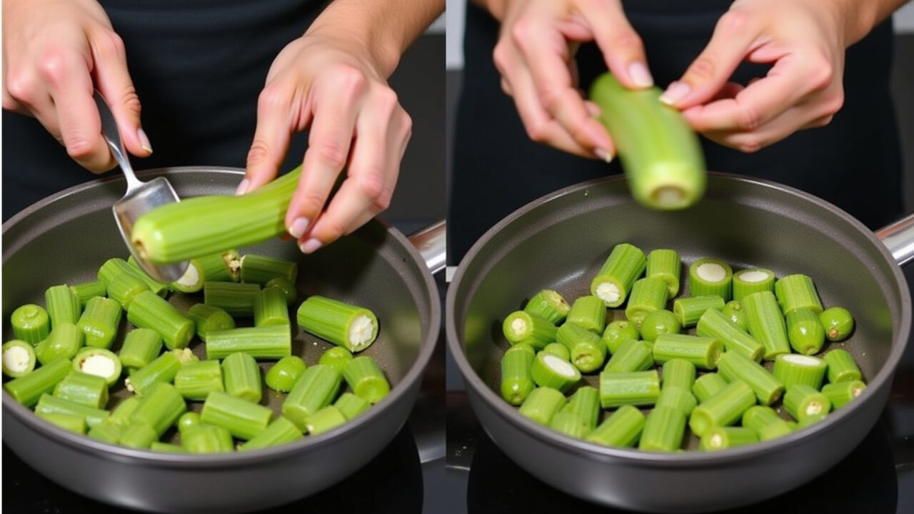 Step-by-step cooking 'quiabo refogado', hands preparing okra, pan on stove, Brazilian kitchen, Passo a passo do preparo do quiabo refogado.