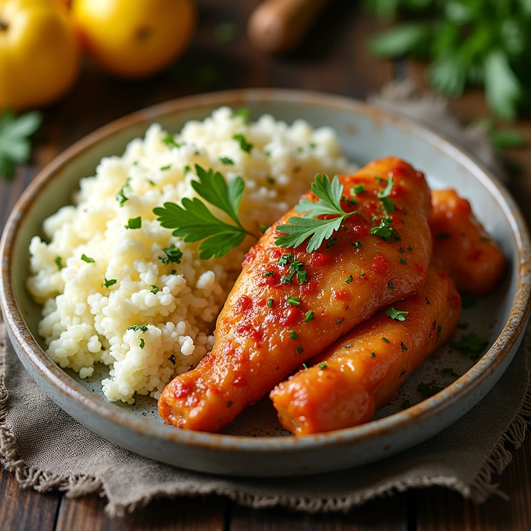Step-by-step guide of frango xadrez light and cauliflower rice preparation, ingredients laid out, Passo a passo do frango xadrez light com arroz de couve-flor.