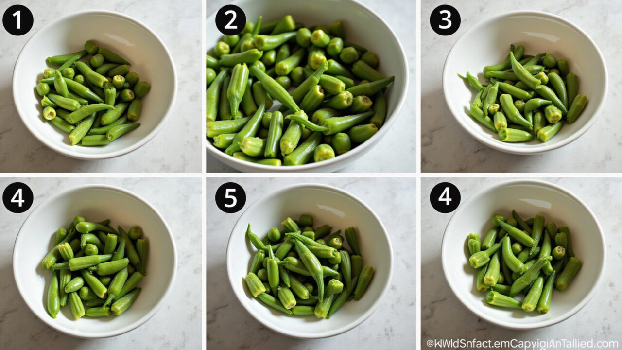 Step-by-step okra freezing process, professional photography, 8K quality, sharp focus, natural Passo a passo de como congelar quiabo.