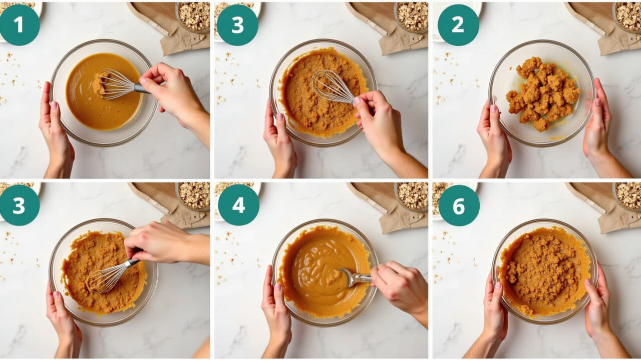 Step-by-step photo series: mixing carrot oat cake batter in a bowl, hands visible, bright kitchen, Preparo da massa do bolo de cenoura com aveia.