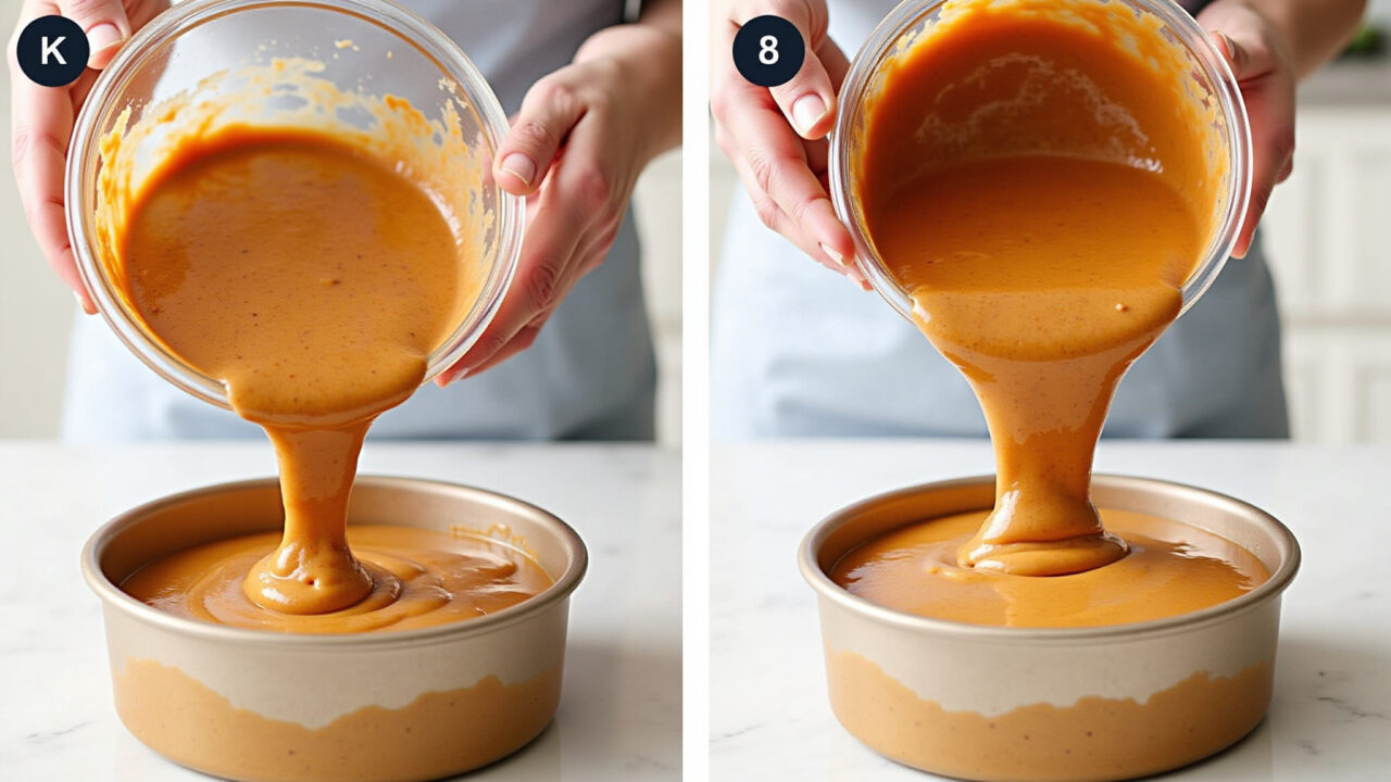 Step-by-step: pouring carrot cake batter into a greased baking pan, hands visible, kitchen Preparo do bolo de cenoura simples.