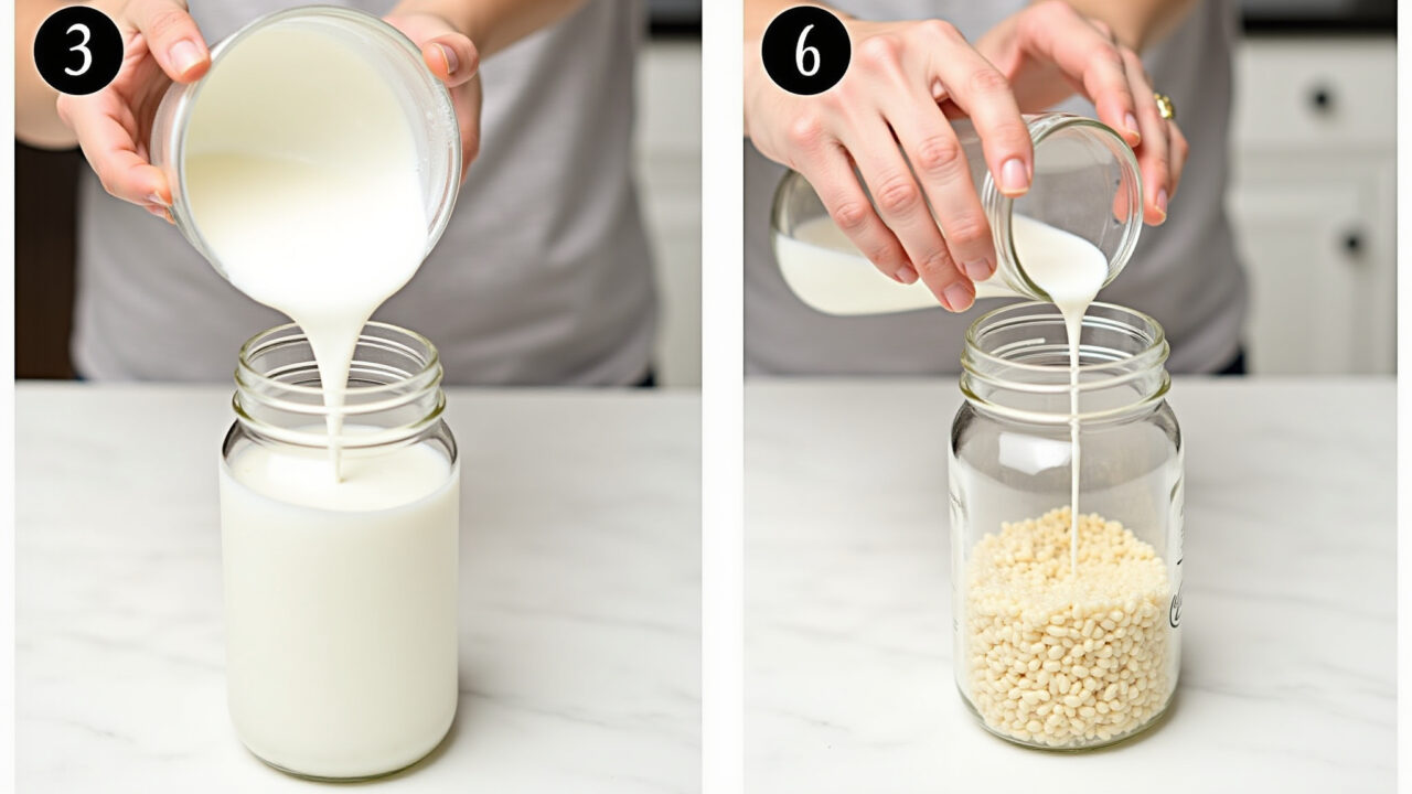 Step-by-step: pouring milk into a jar with kefir grains, hands visible, bright kitchen, natural Passo a passo: adicionando leite aos grãos de kefir.