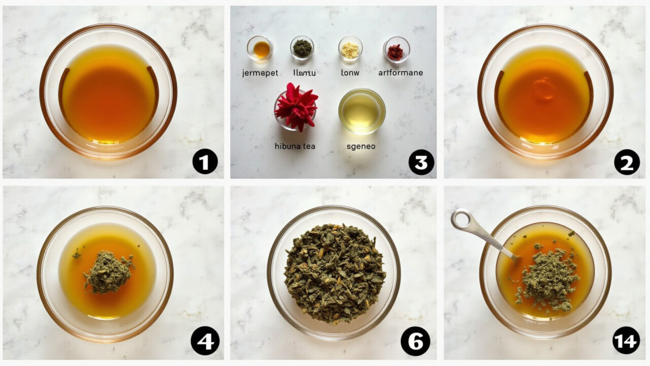 Step-by-step preparation of horsetail and hibiscus tea, ingredients displayed, clear instructions, Passo a passo da receita do chá de cavalinha com hibisco.
