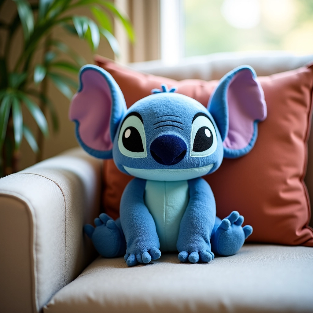 Stitch amigurumi almofada em um sofá.