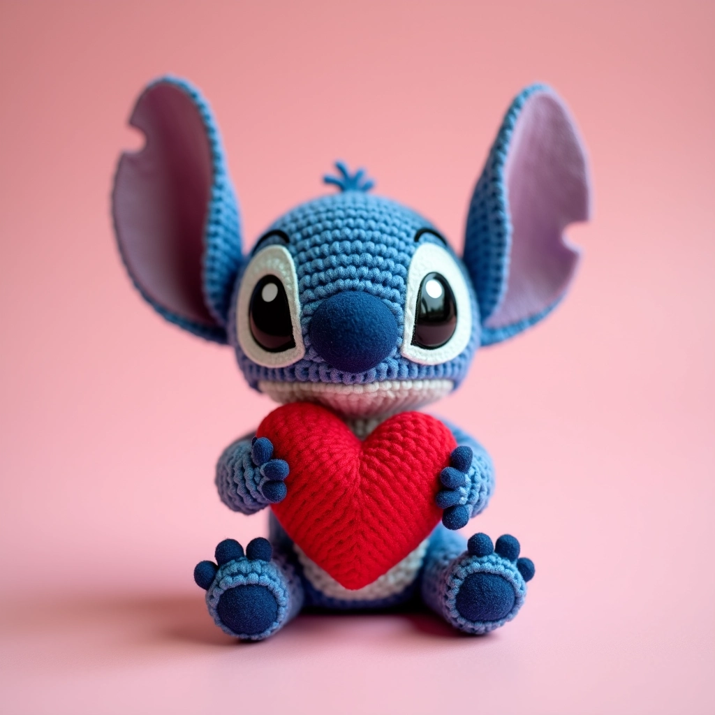Stitch amigurumi apaixonado segurando um coração.