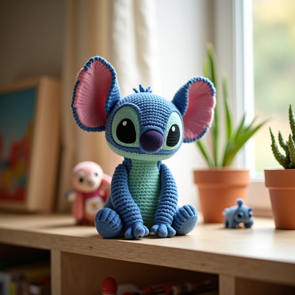 Stitch amigurumi clássico em uma estante infantil.