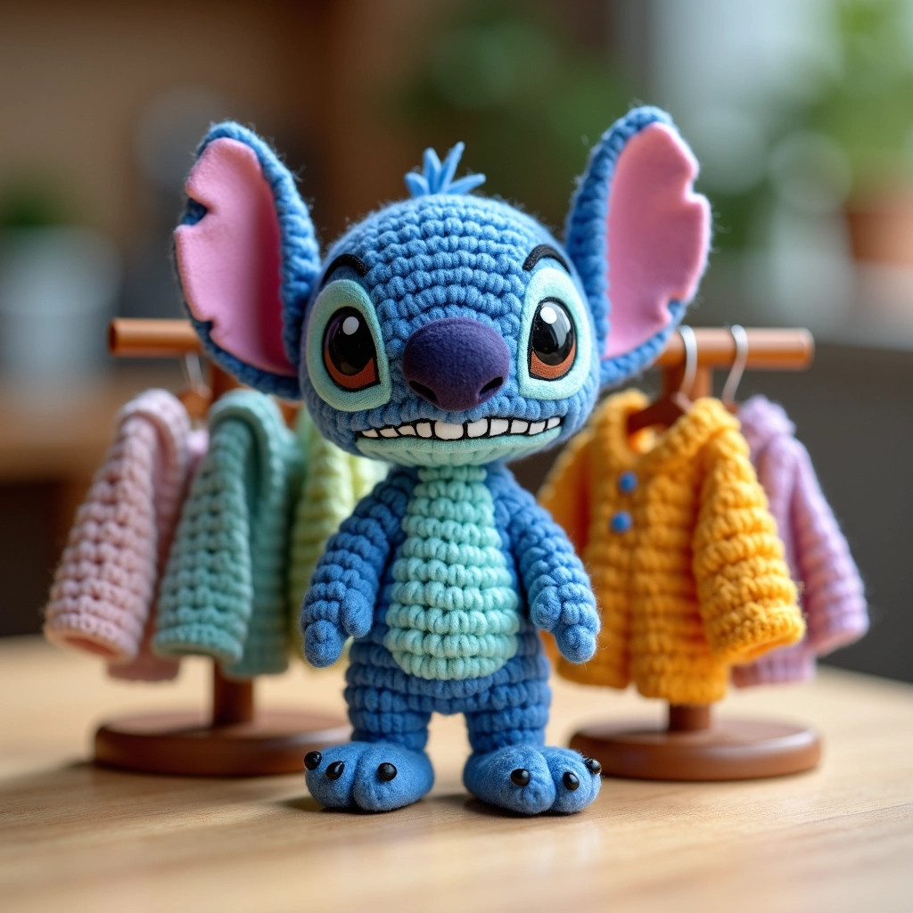 Stitch amigurumi com roupinhas em um cabideiro.