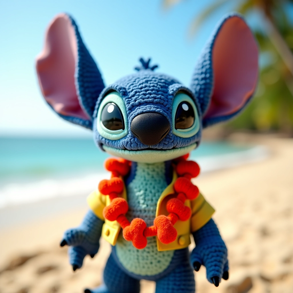 Stitch amigurumi havaiano com camisa e lei.
