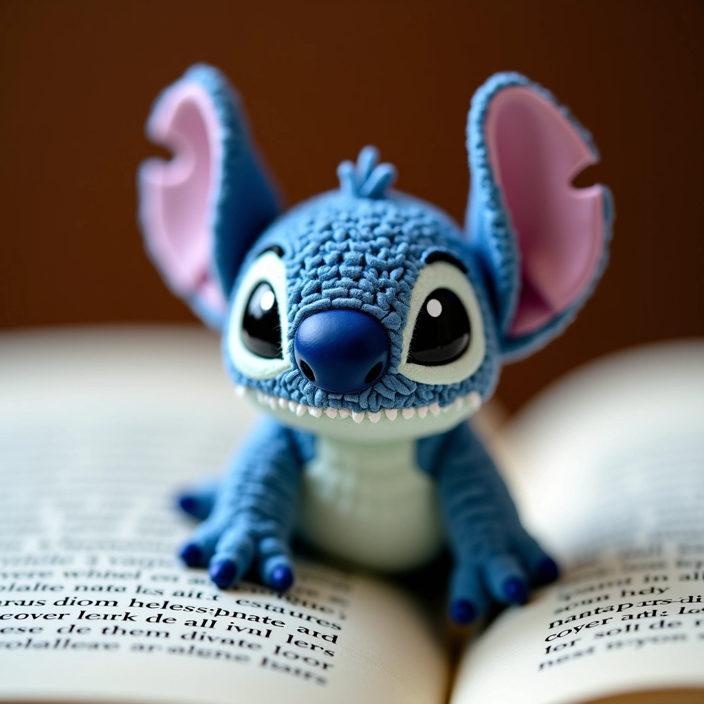 Stitch amigurumi marcador de página em um livro.