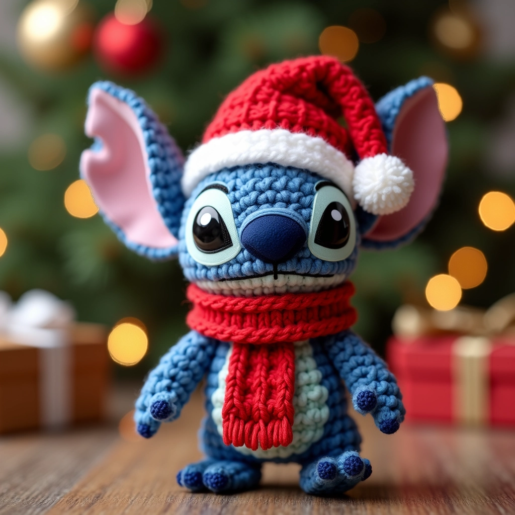 Stitch amigurumi natalino com gorro e cachecol.