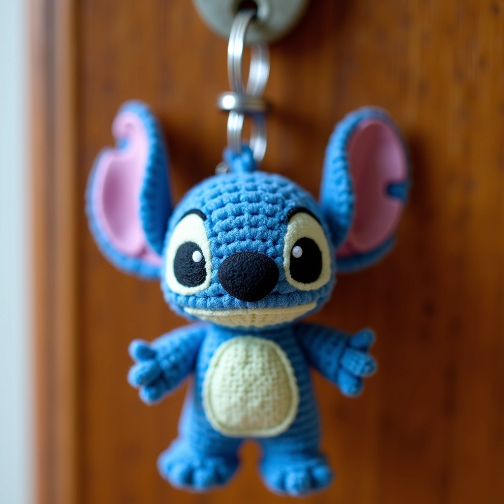 Stitch amigurumi porta-chaves pendurado em uma chave.