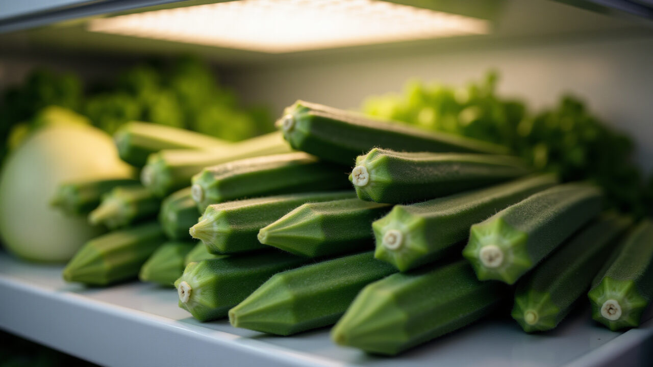 Storing okra in refrigerator, fresh vegetables, kitchen, professional photography, 8K, sharp focus, Armazenando quiabos frescos na geladeira para maior durabilidade.