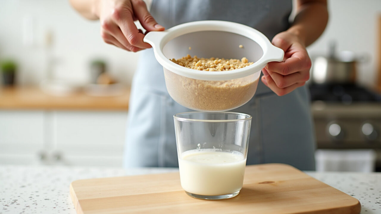 Straining kefir with a plastic strainer into a glass, separating grains, clean kitchen, natural Coando o kefir caseiro.