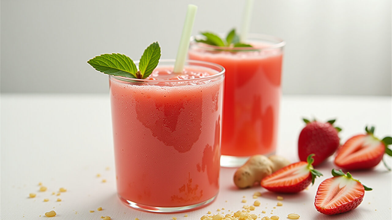 Strawberry and ginger detox juice in a glass, bright background, natural lighting, 8K quality, Suco detox de morango com gengibre para emagrecer.
