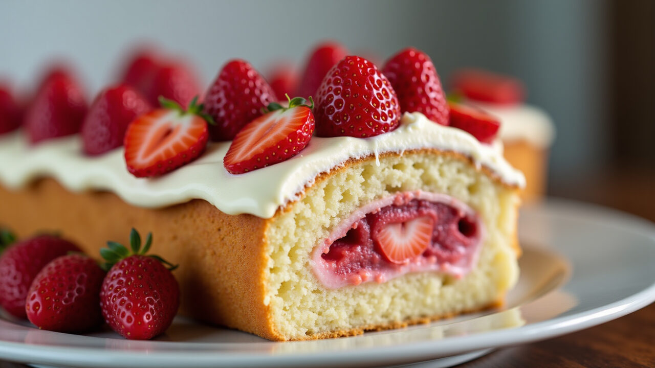 Strawberry and white chocolate cake filling, professional photography, 8K quality, sharp focus, Recheio de morango com chocolate branco para bolo.