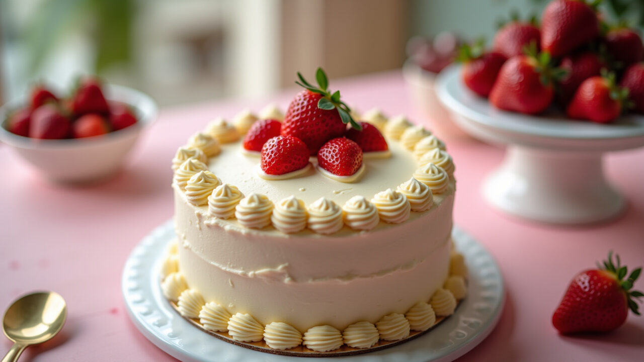 Strawberry cake, light cream frosting, party table, natural lighting, 8K quality, sharp focus, Bolo de morango decorado para festa infantil.
