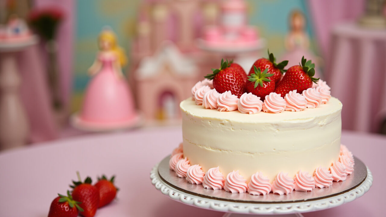 Strawberry cream cake, princess theme, party table, 8K quality, sharp focus, commercial Bolo de morango com creme para festa de princesas.