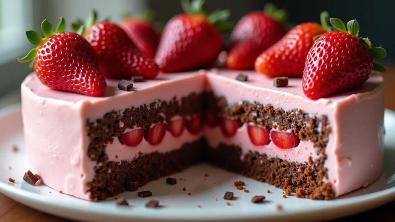 Strawberry filling with dark chocolate pieces, professional photography, 8K quality, sharp focus, Recheio de morango com pedaços de chocolate meio amargo.