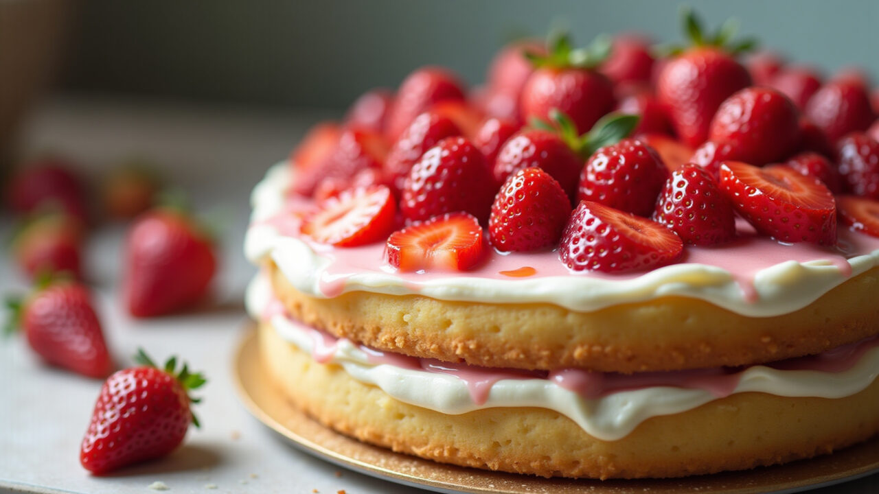Strawberry filling with gelatin for cake firmness, professional photography, 8K quality, sharp Recheio de morango com gelatina para bolo firme.