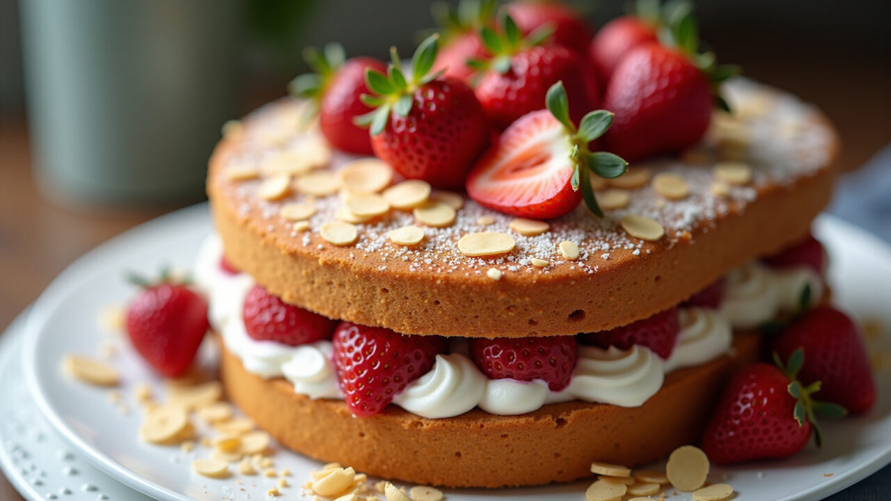Strawberry filling with toasted almond flakes, professional photography, 8K, sharp focus, natural Recheio de morango com amêndoas laminadas tostadas.
