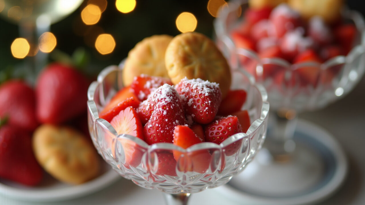 Strawberry pavé with champagne biscuits in a glass dish, festive setting, professional Pavê de morango com biscoito champanhe para festas.