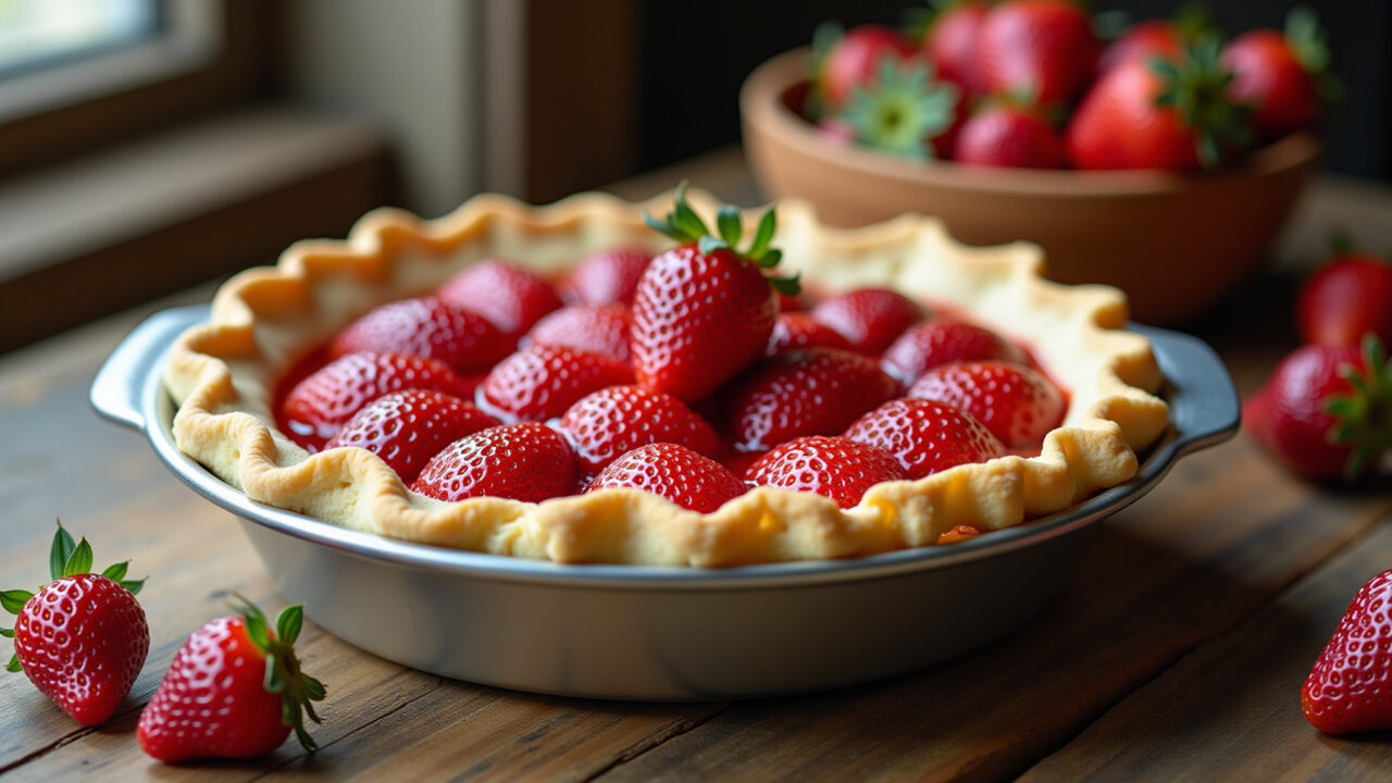 Strawberry pie in a baking dish, rustic table setting, natural lighting, 8K quality, sharp focus, Torta de morango na travessa com massa crocante.