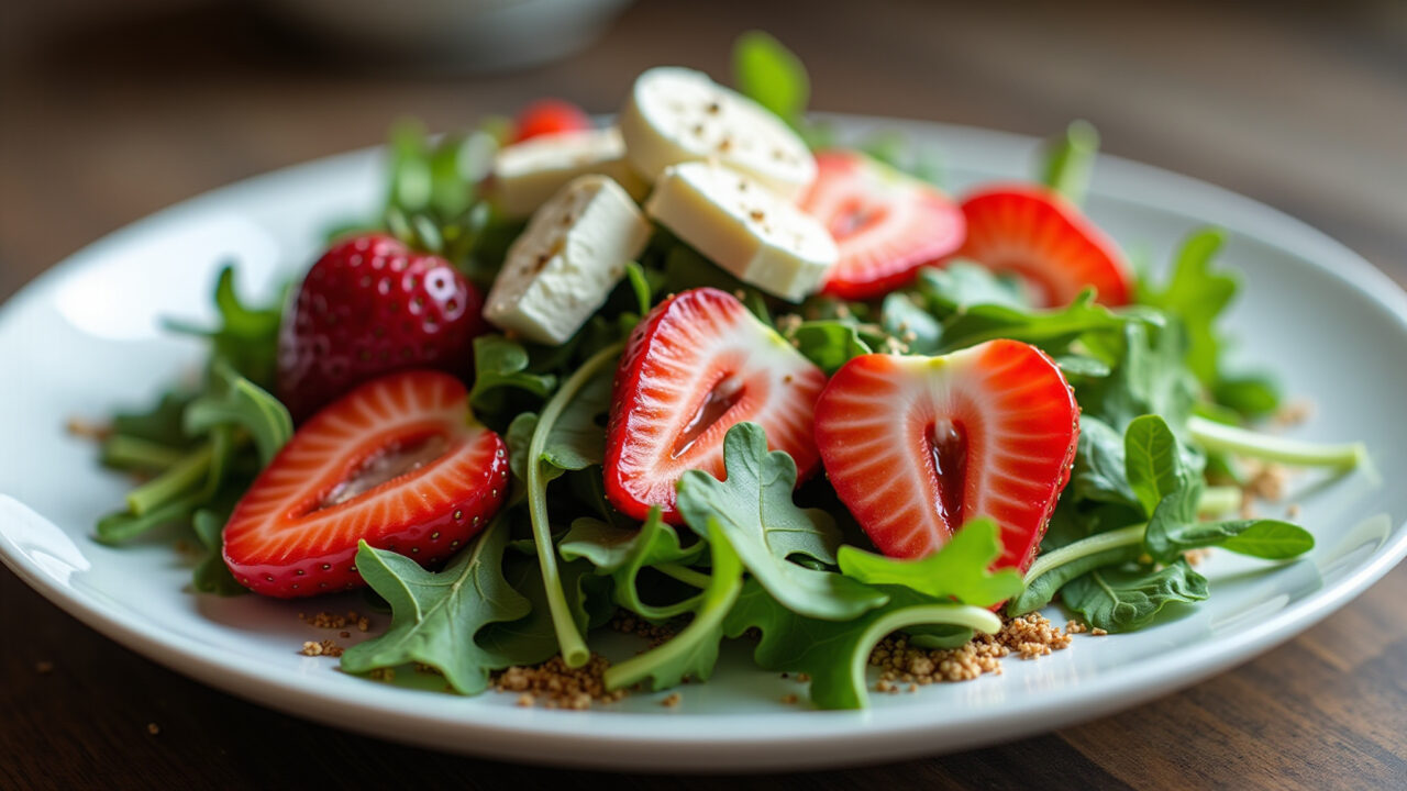 Strawberry salad with arugula and goat cheese, elegant plating, natural lighting, 8K quality, sharp Salada de morango com rúcula e queijo de cabra.