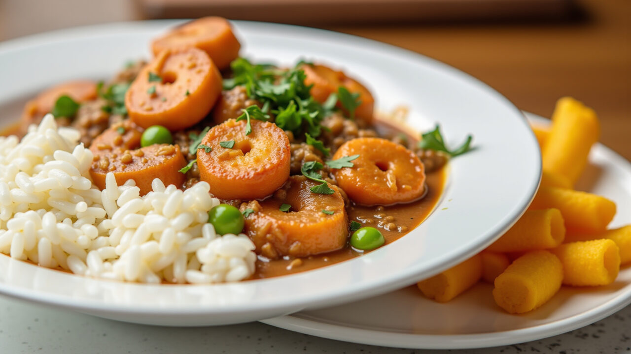 Strogonoff de camarão served with white rice and potato sticks, professional photography, 8K Strogonoff de camarão com arroz e batata palha.