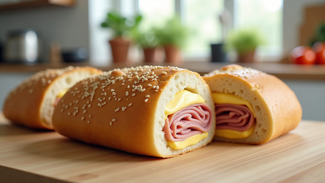 Stuffed homemade bread with cheese and ham, cut open, bright kitchen, natural light, 8k quality, Pão caseiro recheado com queijo e presunto.